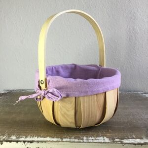 Round basket with movable handle and lilac fabric washable liner farmers market